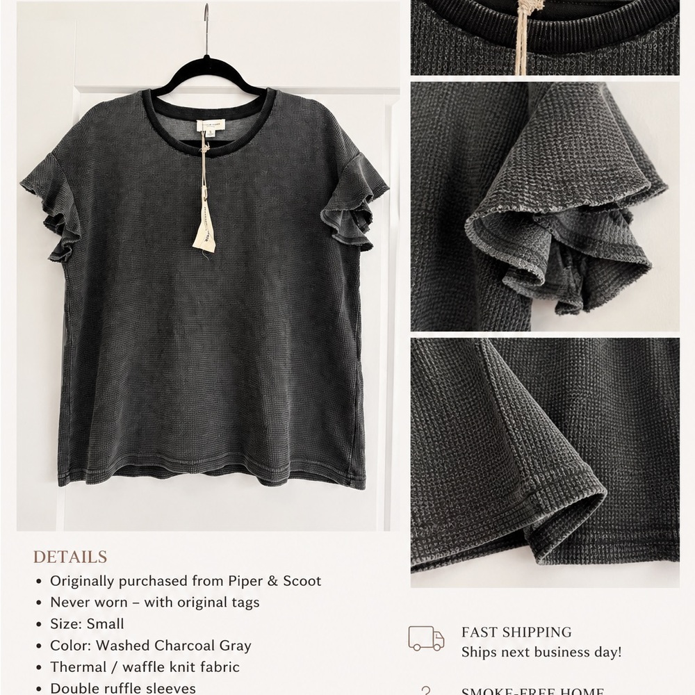 Piper & Scoot Charcoal Thermal Ruffle Sleeve Top | NWT | Size S